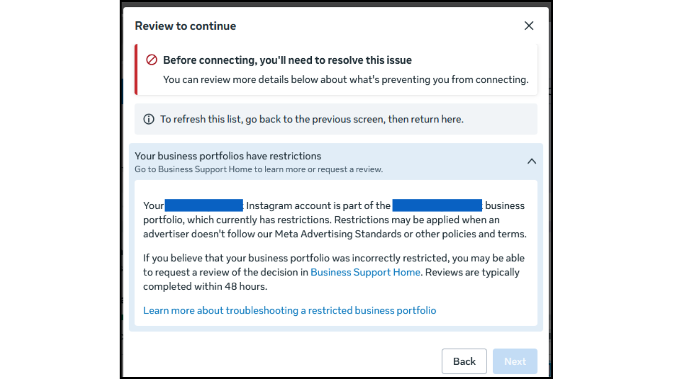 Instagram error screenshot