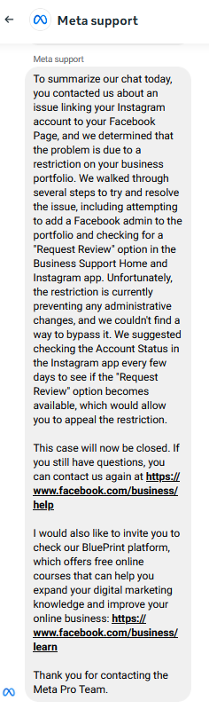 Meta Business Support screenshot shown in the support section